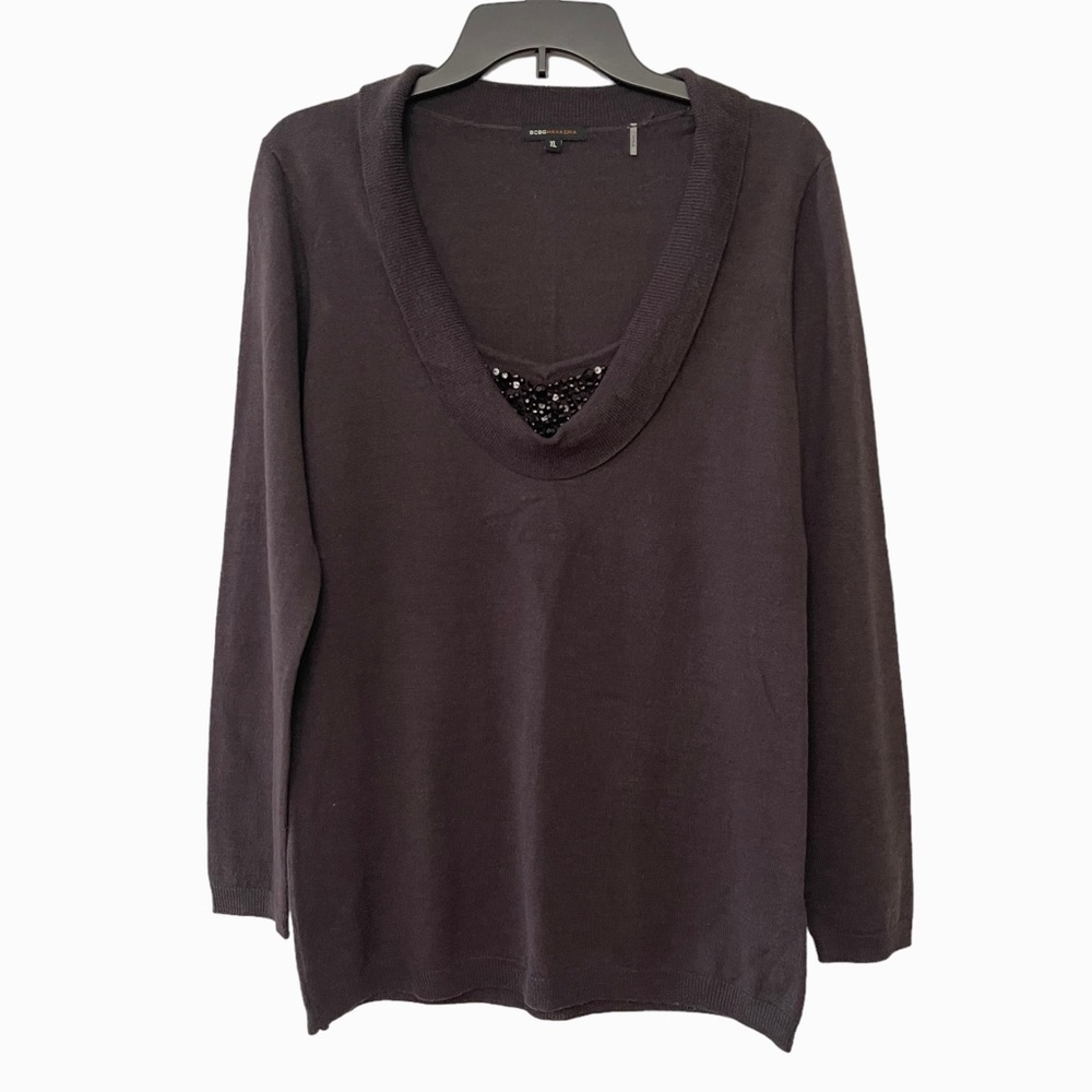 BCBGMaxAzria Grey Wool Beaded Long Sleeve Sweater‎ Top